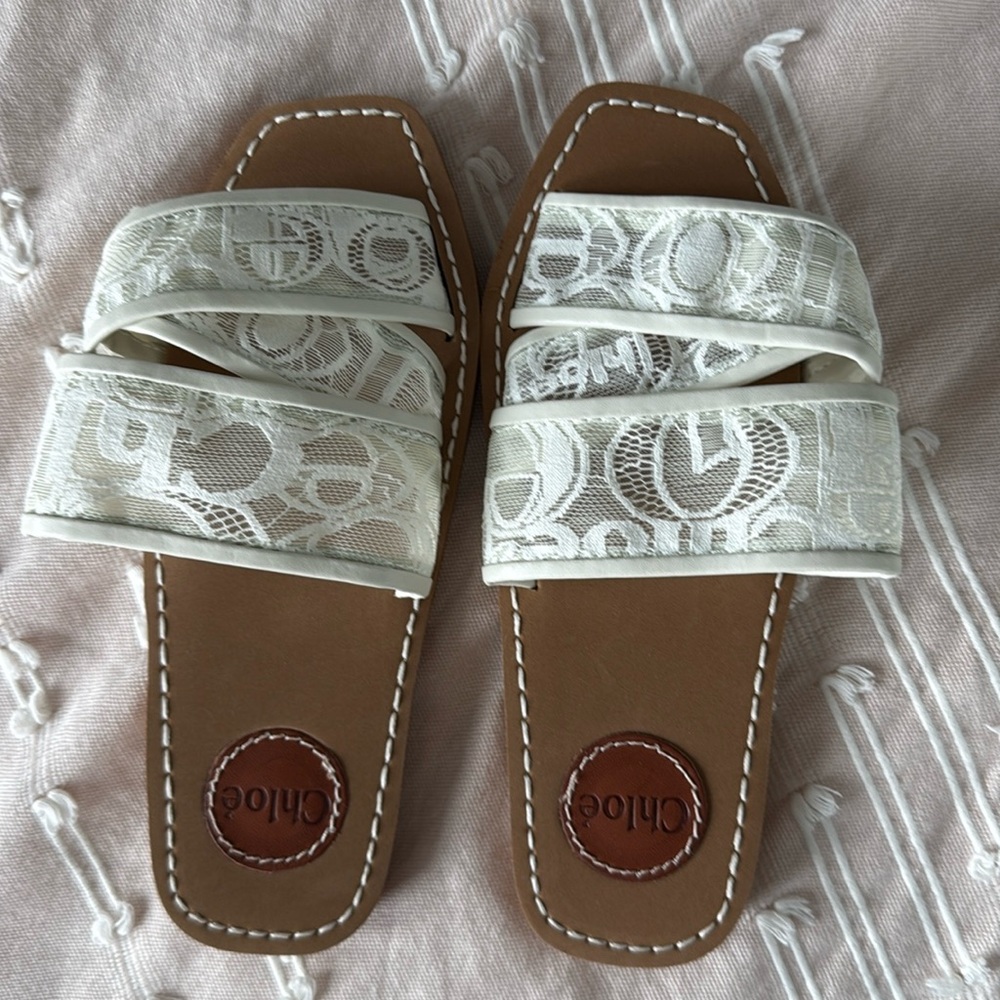 White Lace Logo Double-Strap Slide Sandals